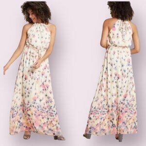Modcloth Women's Maxi Dress Halter Floral Tie Neck Size Large Elastic Waist